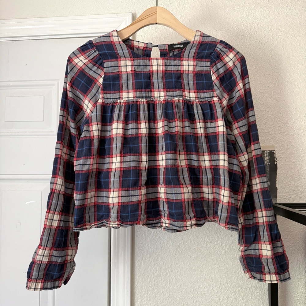TOIT VOLANT navy red‎ ivory plaid babydoll long sleeve cropped boxy blouse shirt